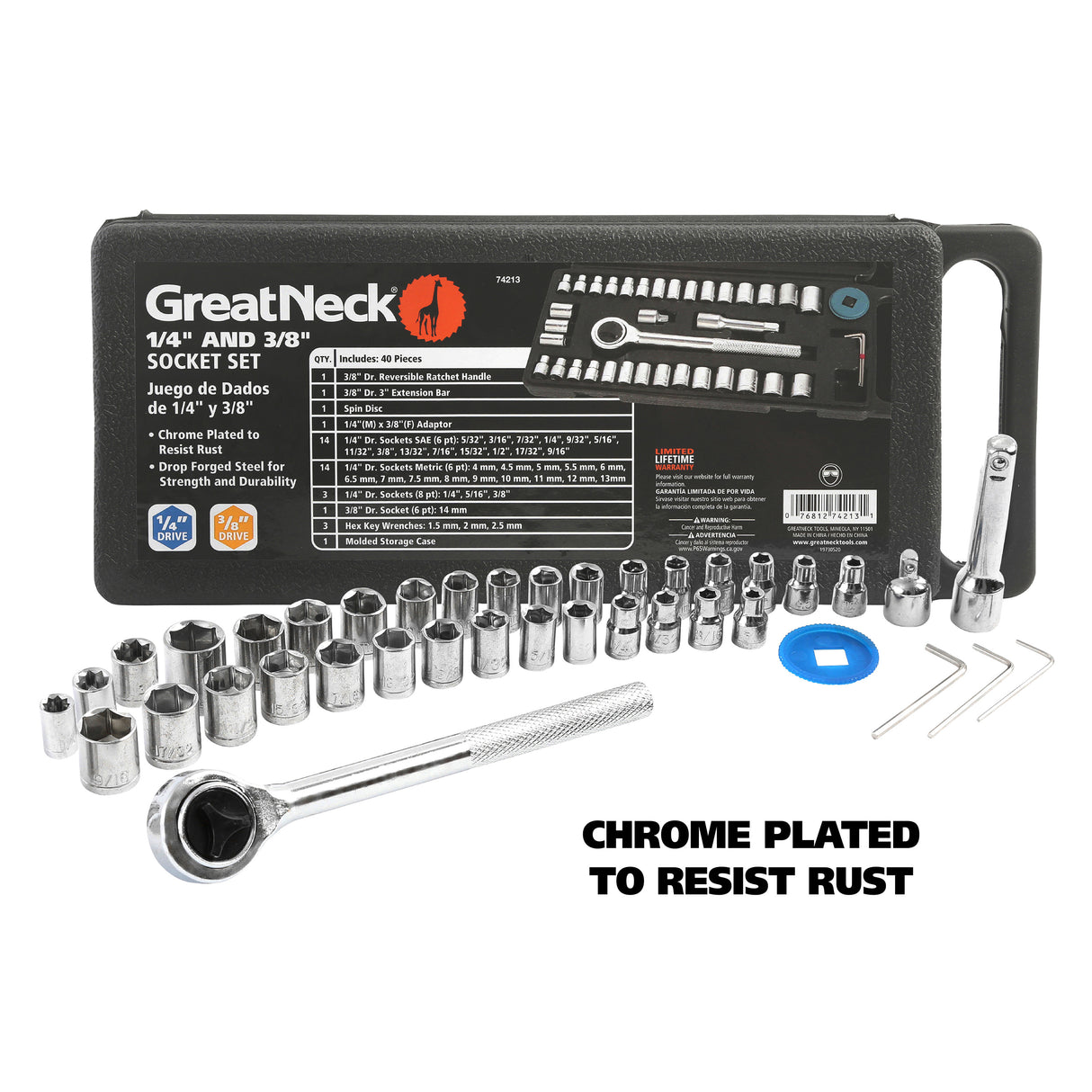GreatNeck 74213 Ratchet and Socket Set - 1/4in. and 3/8in. Drive (40 Pieces) Additional Image 4