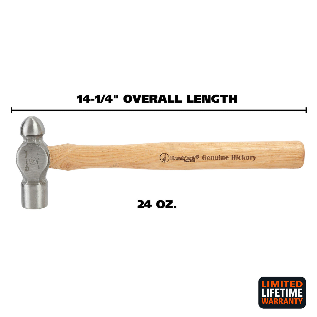 GreatNeck BP24 Ball Peen Hammer (24 Oz.) with Hickory Handle Additional Image 1