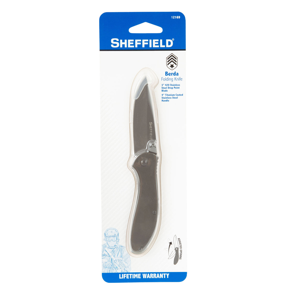 Sheffield 12169 Berda Steel 3in. Drop Point Assisted Opening Knife Additional Image 5