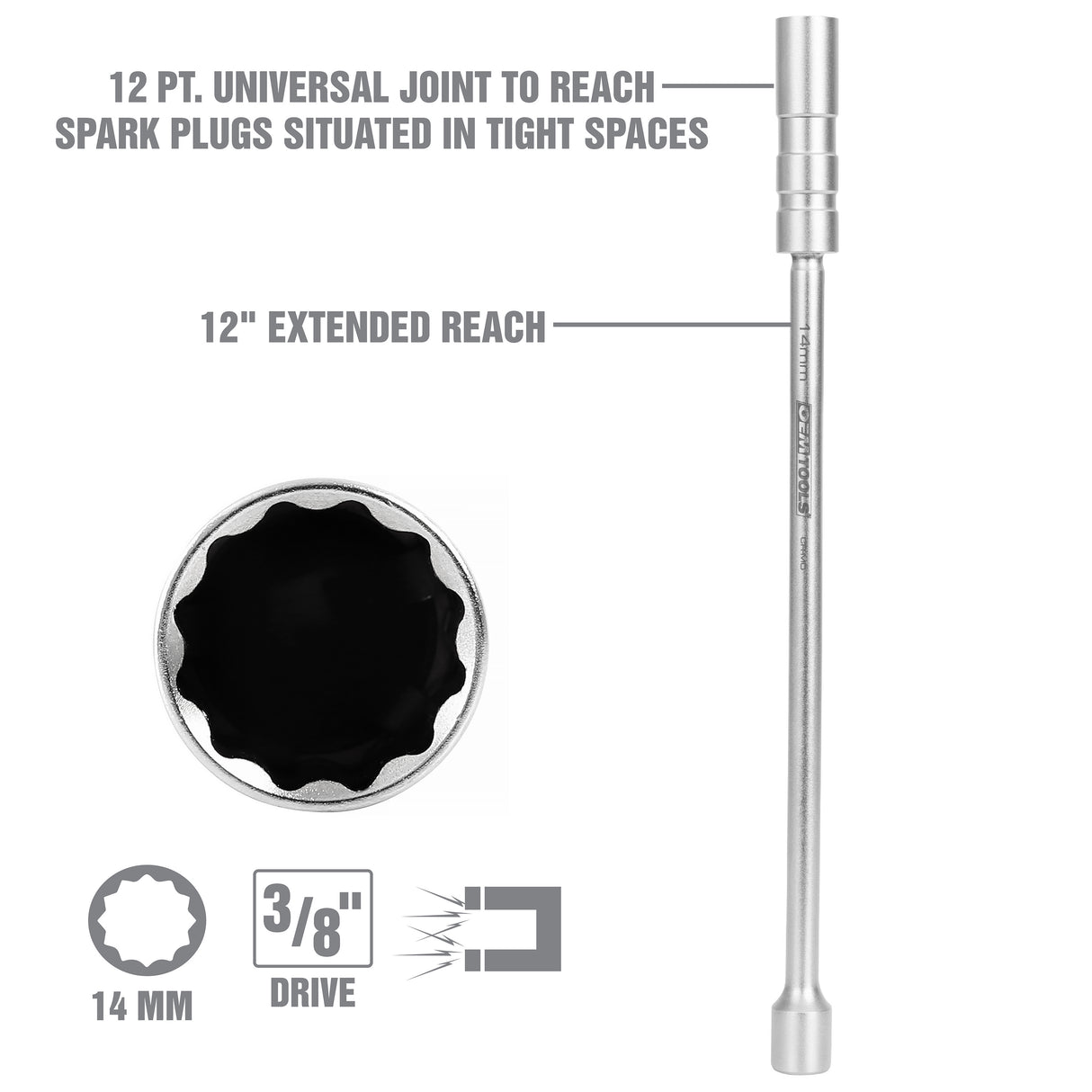 OEMTOOLS 22813 3/8 Drive x 14 mm 12 pt. Thin Wall Spark Plug Socket (12in. Extension) Additional Image 3