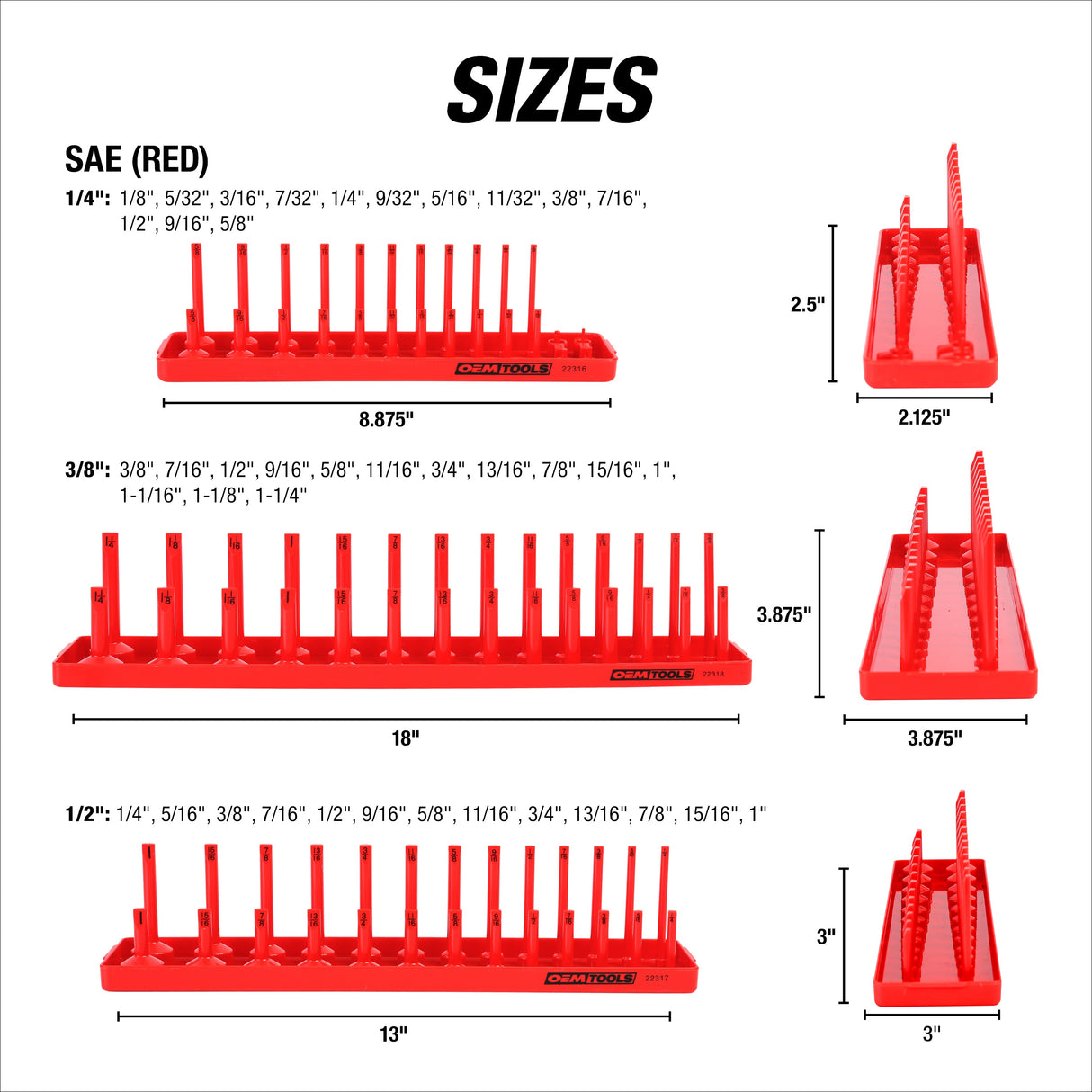 OEMTOOLS 22413 6 Piece SAE and Metric Socket Tray Set (Red and Gray) Additional Image 2