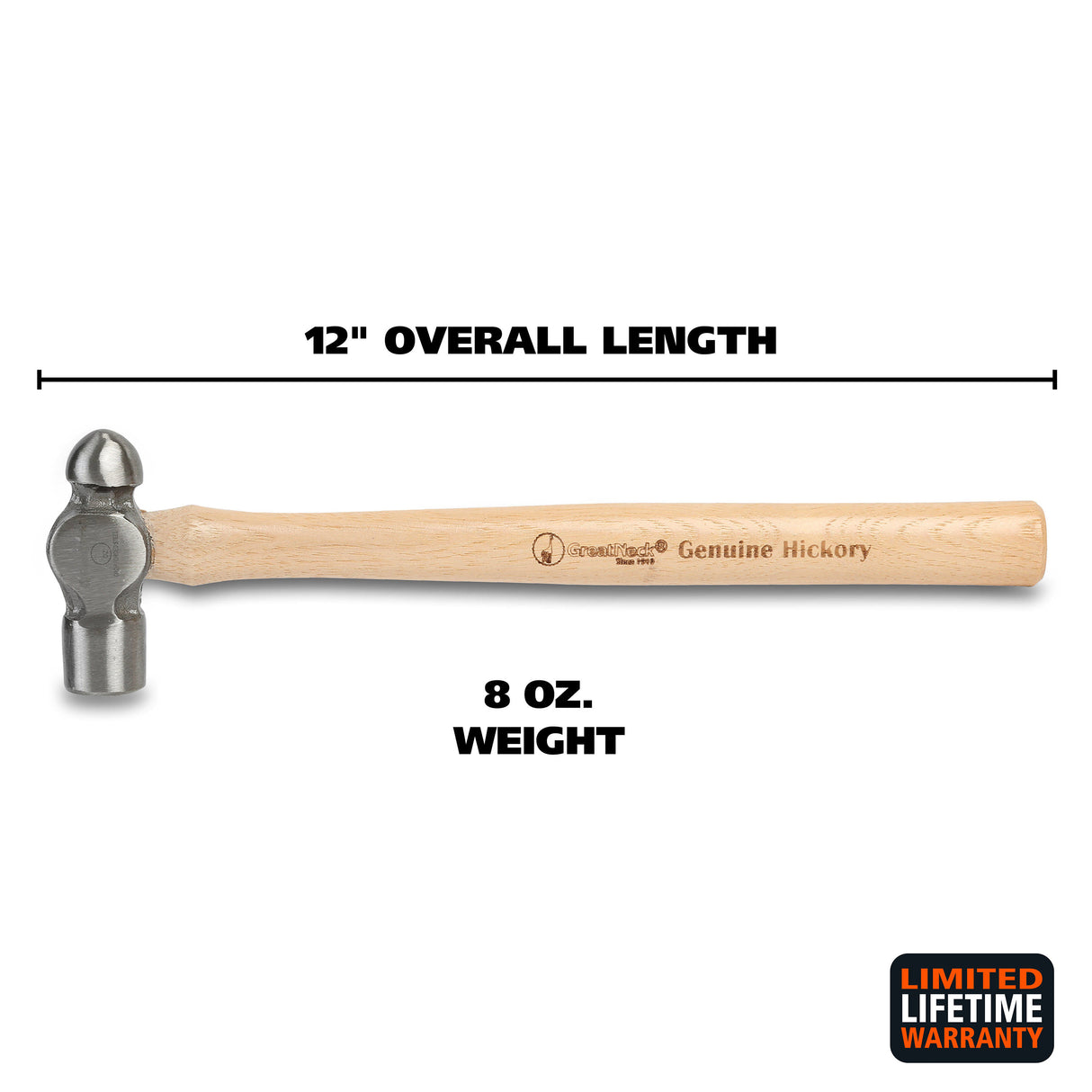 GreatNeck BP8 Ball Peen Hammer (8 Oz.) with Hickory Handle Additional Image 1