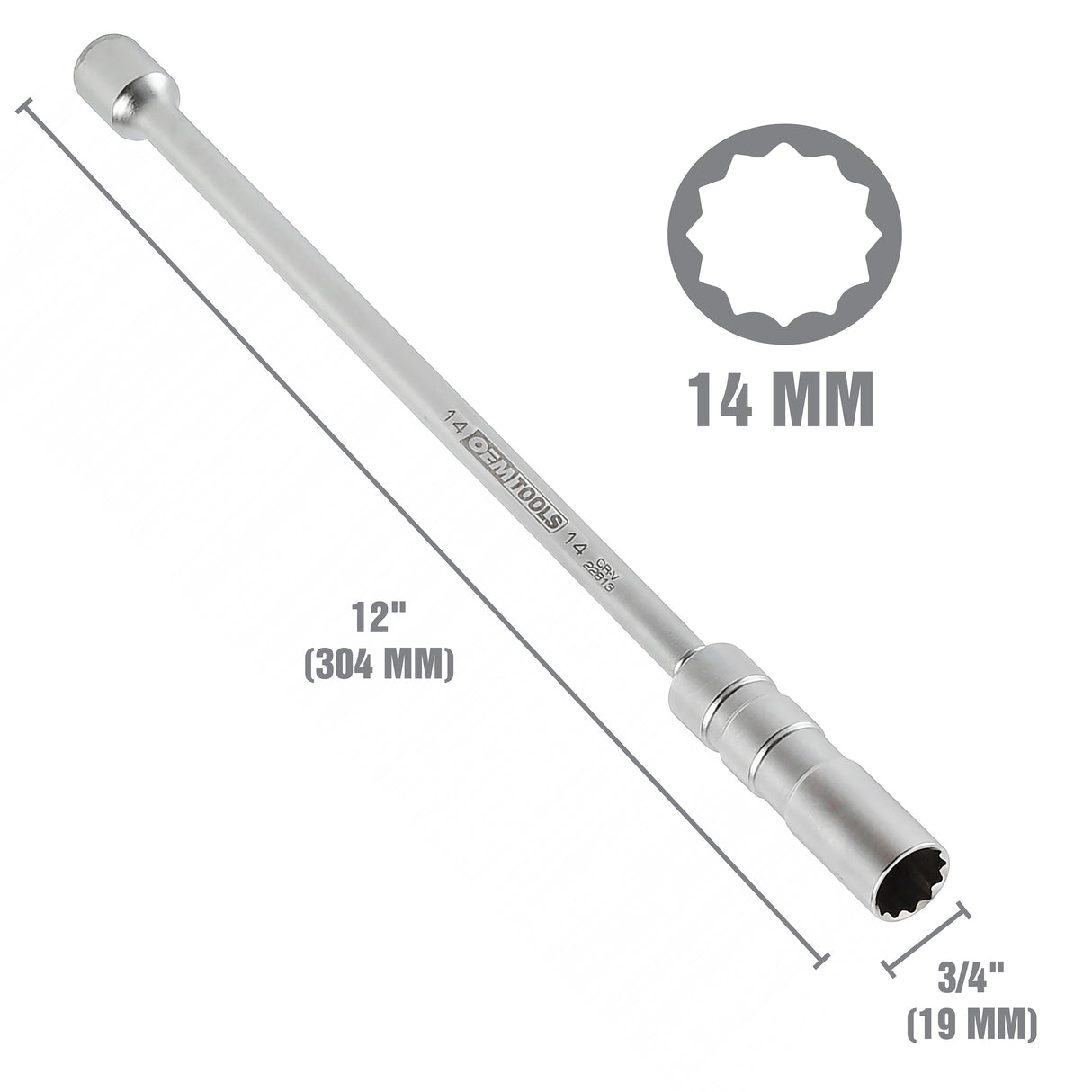 OEMTOOLS 22813 3/8 Drive x 14 mm 12 pt. Thin Wall Spark Plug Socket (12in. Extension) Additional Image 1