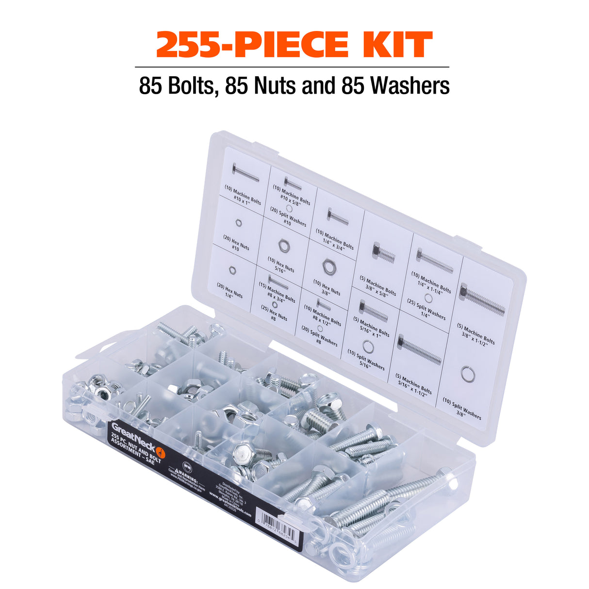 GreatNeck 68234 255-Piece Nut and Bolt Assortment, SAE, Silver Additional Image 2