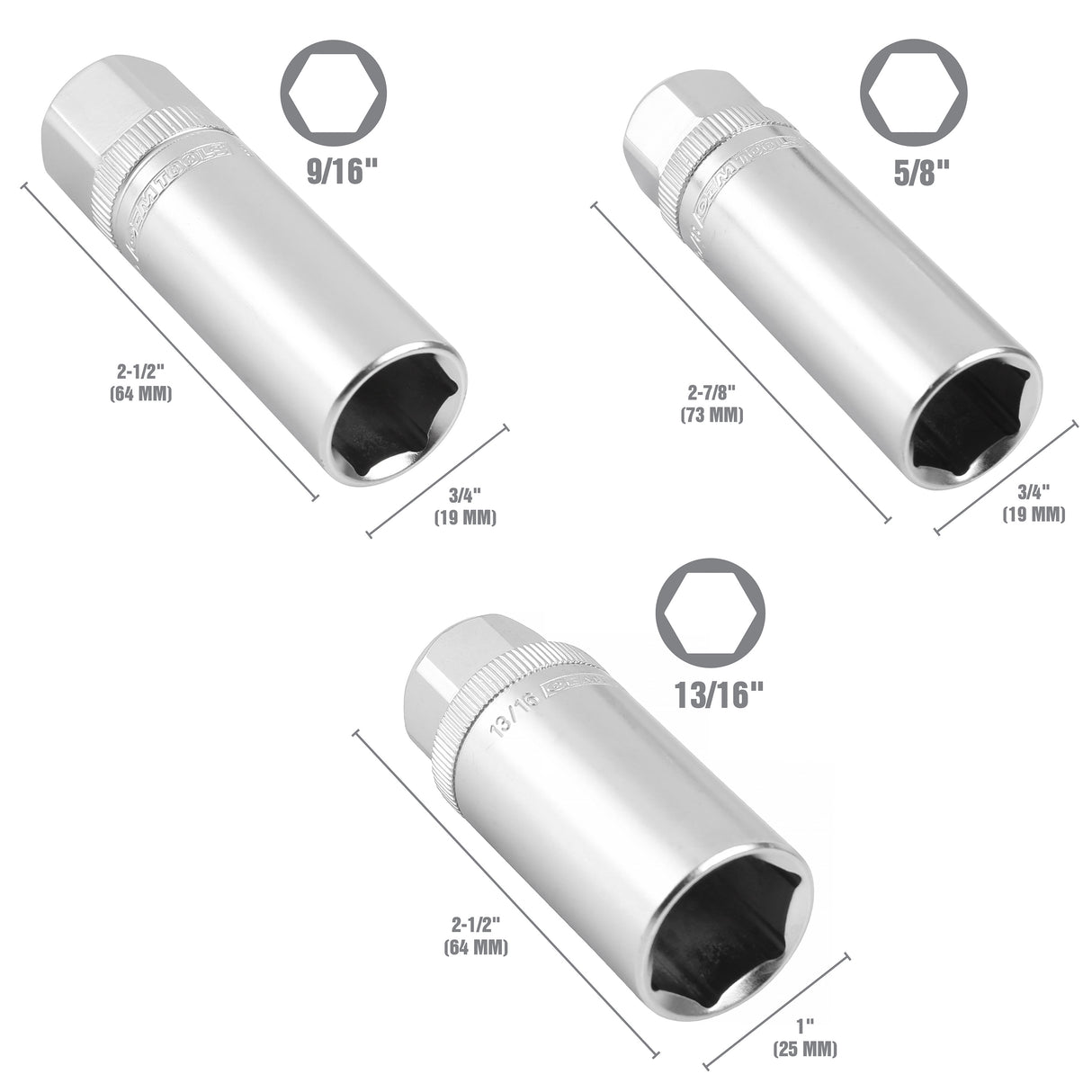 OEMTOOLS 3/8in. Drive 6 Pt. Magnetic Spark Plug 3 Piece Socket Set 5/8in., 9/16in., 13/16in. Additional Image 1
