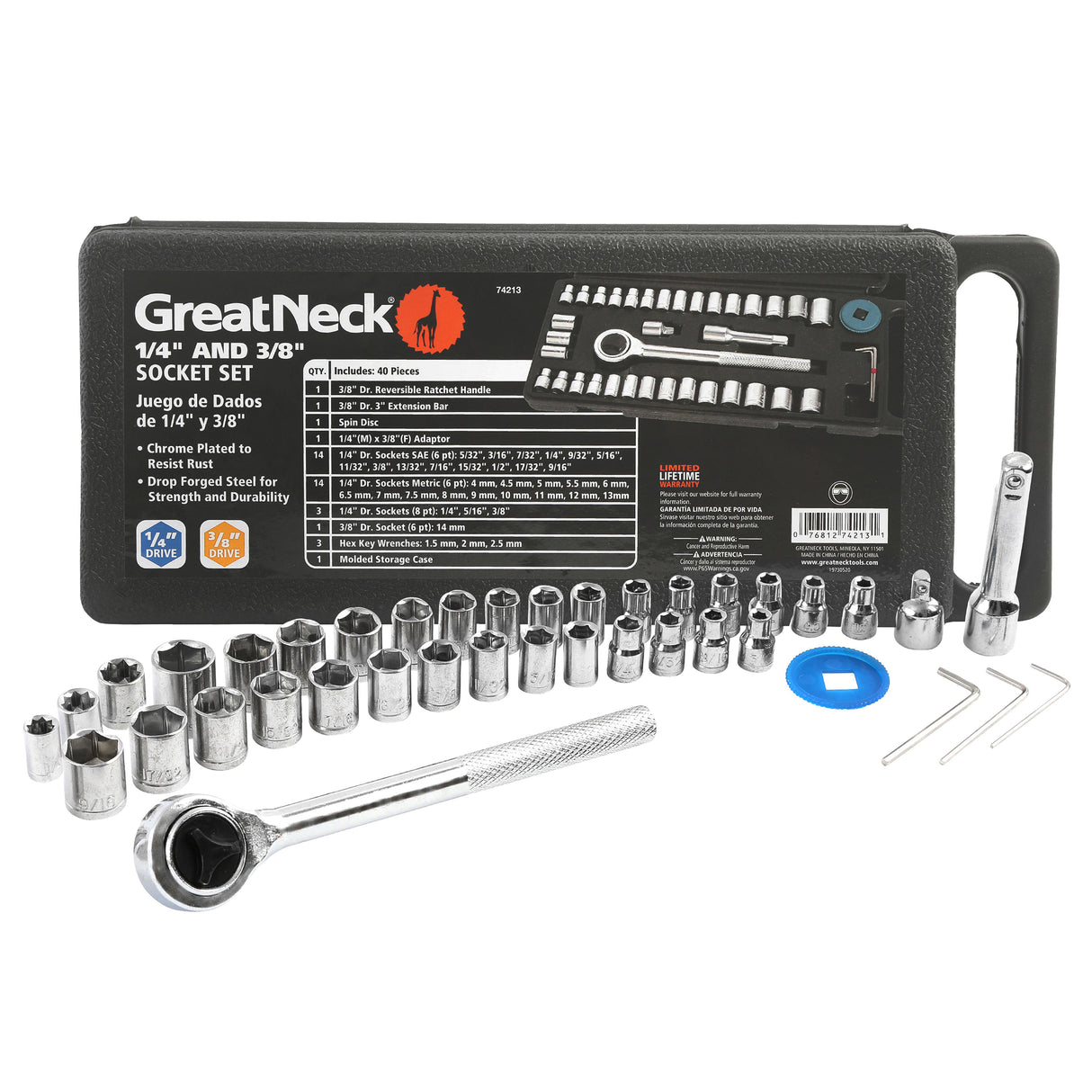GreatNeck 74213 Ratchet and Socket Set - 1/4in. and 3/8in. Drive (40 Pieces) Main Image