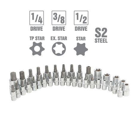 OEMTOOLS 25951 35 Piece 1/4in., 3/8in. and 1/2in. Drive Star Bit Set Additional Image 2