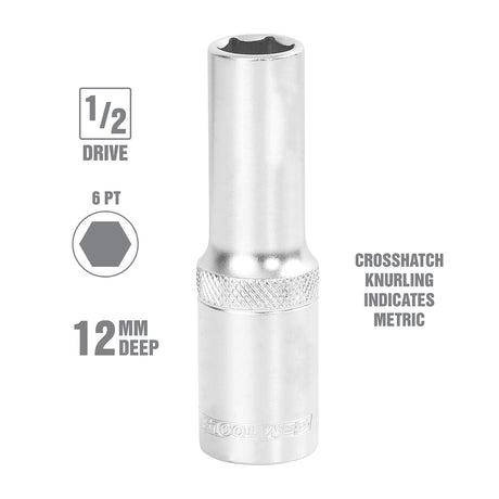 OEMTOOLS 22442 1/2 Inch Drive 6 Pt. Deep Wall Socket (12 mm) Additional Image 1