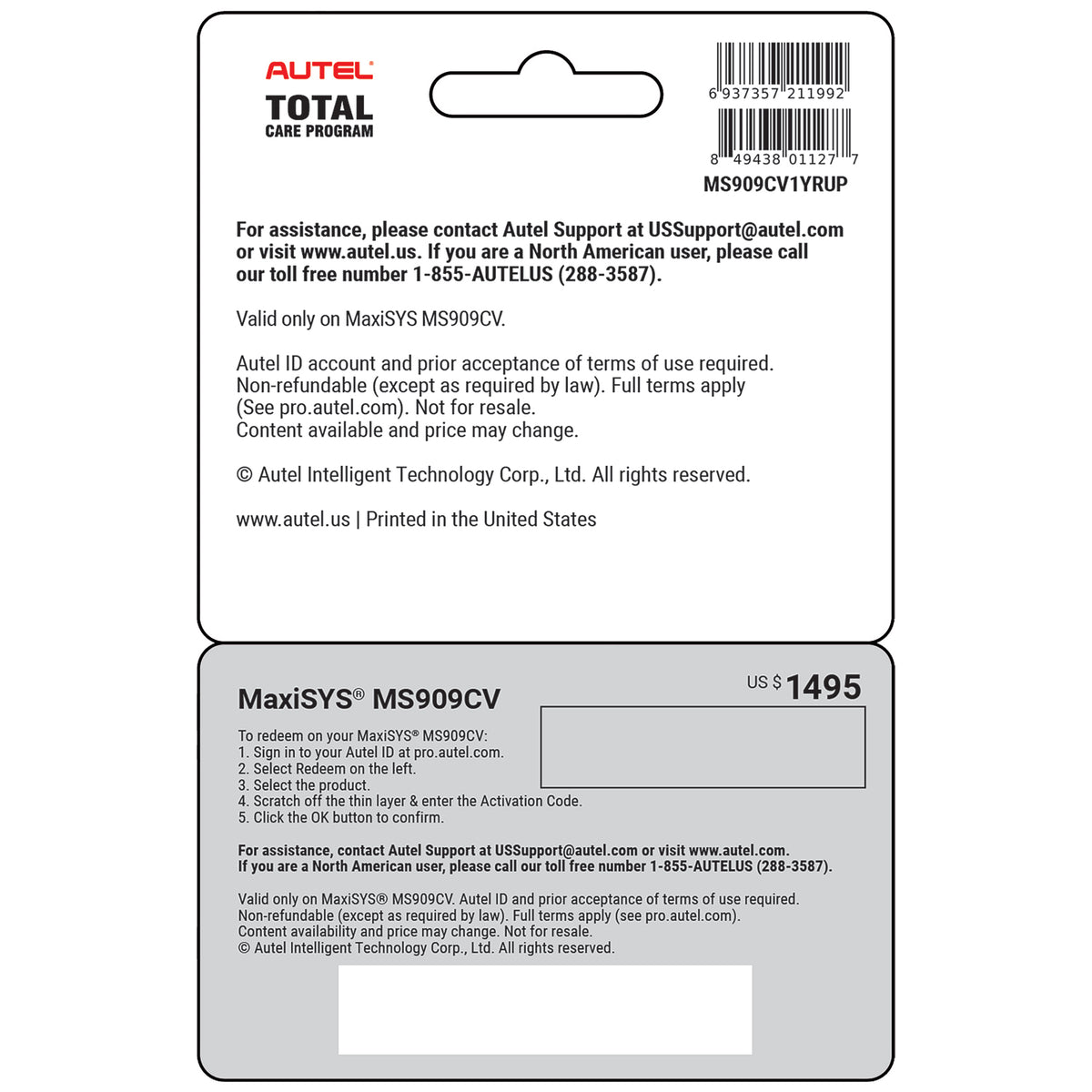 Autel MS909CV1YRUP 1 Year Update Service Card Additional Image 1