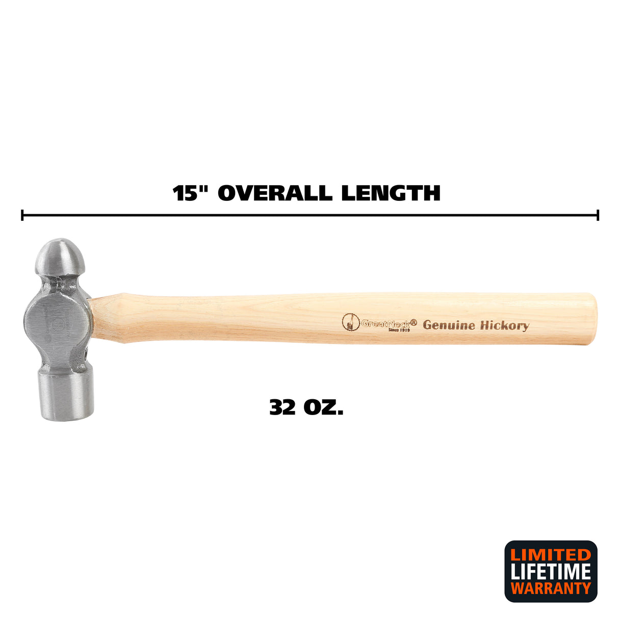 GreatNeck BP32 Ball Peen Hammer (32 Oz.) with Hickory Handle Additional Image 1