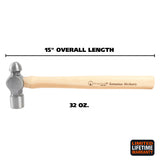 GreatNeck BP32 Ball Peen Hammer (32 Oz.) with Hickory Handle Additional Image 1
