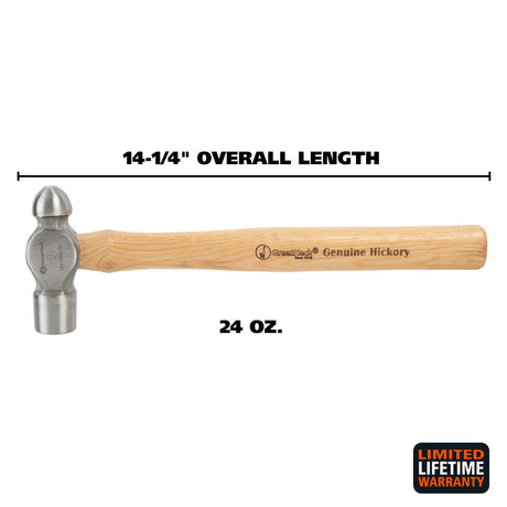 GreatNeck BP24 Ball Peen Hammer (24 Oz.) with Hickory Handle Additional Image 1