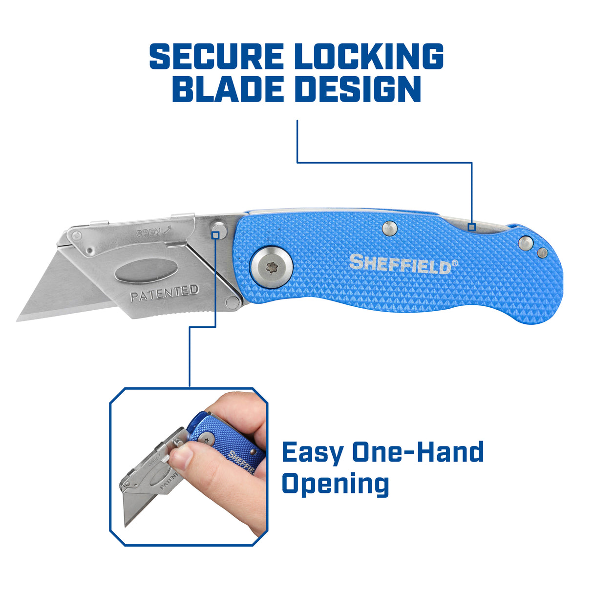 Sheffield 12514 Folding Lock Back® Utility Knives - 3 Pack - Blue Additional Image 4