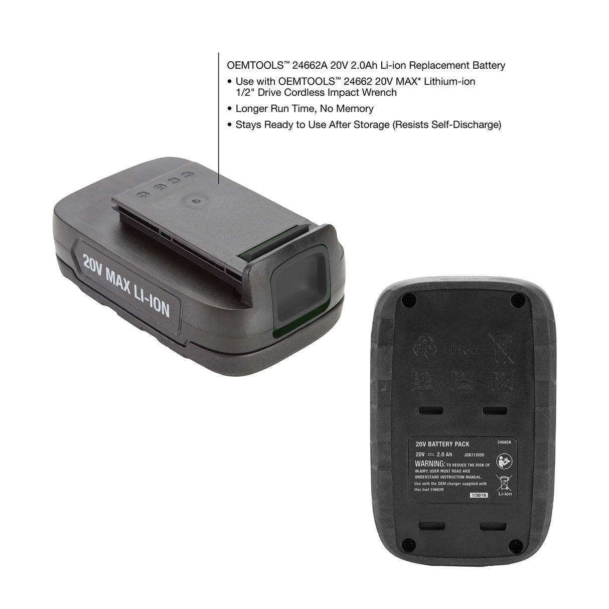 OEMTOOLS 24662A 20V Li-Ion 2.0 Ah Replacement Battery Additional Image 1