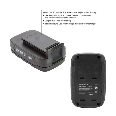 OEMTOOLS 24662A 20V Li-Ion 2.0 Ah Replacement Battery Additional Image 1