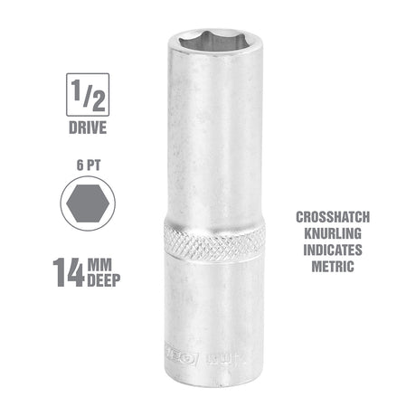 OEMTOOLS 22444 1/2 Inch Drive 6 Pt. Deep Wall Socket (14 mm) Additional Image 1