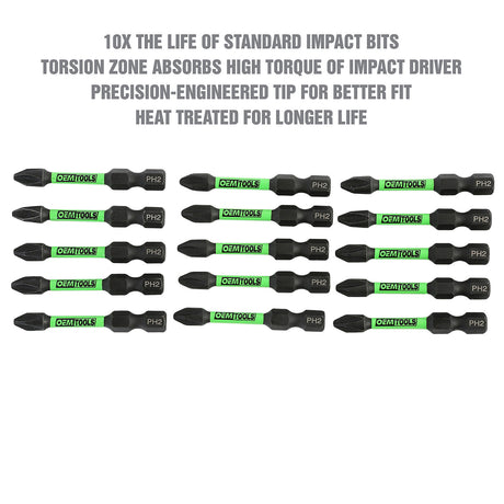 OEMTOOLS 26521 15-Pack Extended Phillips #2 Impact Bit Set Additional Image 1