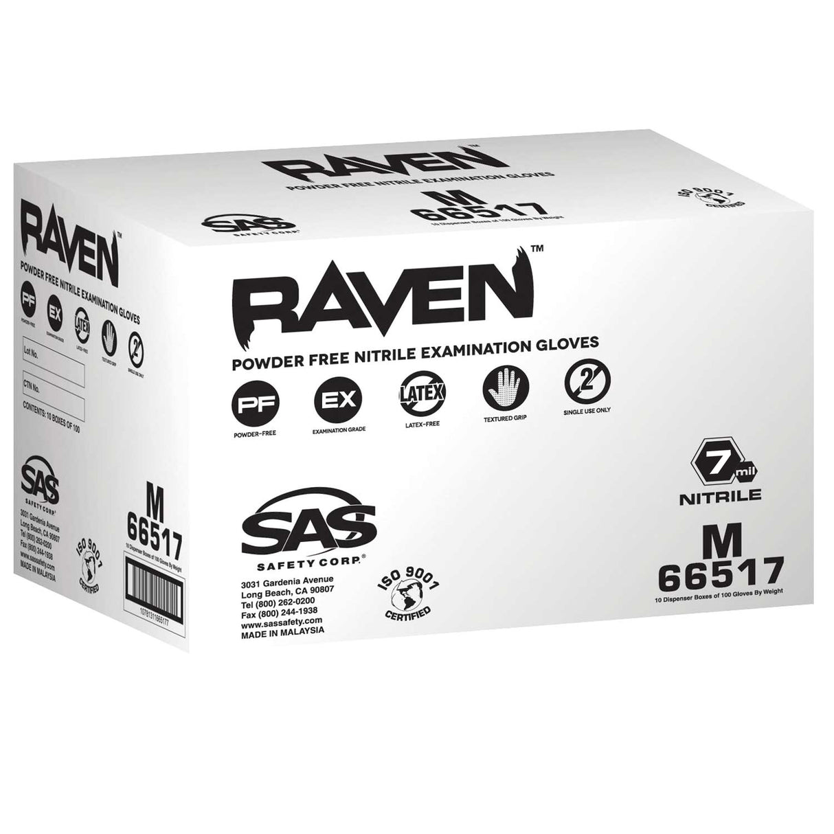 SAS 66519 Raven Powder-Free Nitrile Disposable Glove  10 Boxes of 100 each - X-Large Additional Image 3