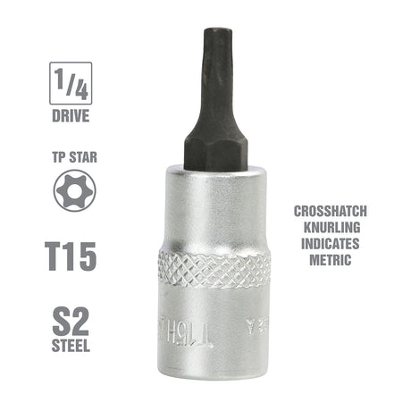 OEMTOOLS 22782 1/4 Inch Drive Tamper Proof Star Socket Bit (T15) Additional Image 1