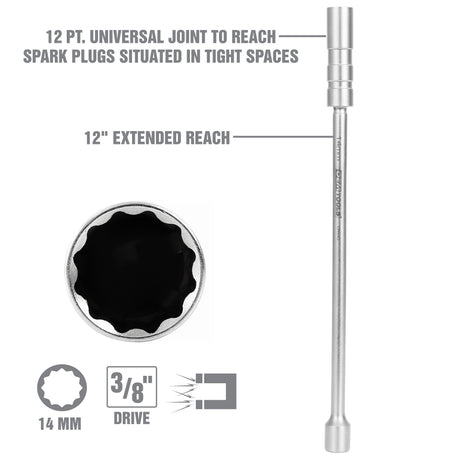 OEMTOOLS 22813 3/8 Drive x 14 mm 12 pt. Thin Wall Spark Plug Socket (12in. Extension) Additional Image 3