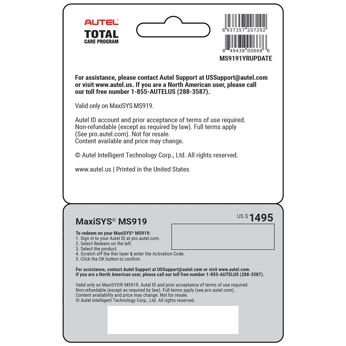 Autel MS9191YRUPDATE 1 Year Update Service Card for MS919 Additional Image 1