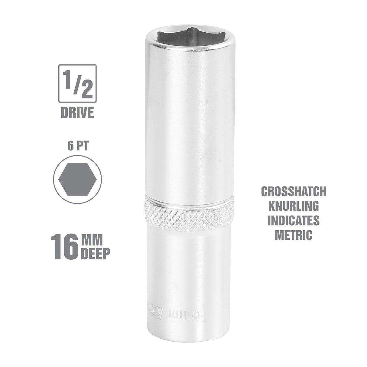 OEMTOOLS 22446 1/2 Inch Drive 6 Pt. Deep Wall Socket (16 mm) Additional Image 1
