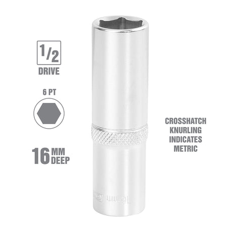 OEMTOOLS 22446 1/2 Inch Drive 6 Pt. Deep Wall Socket (16 mm) Additional Image 1