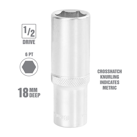 OEMTOOLS 22448 1/2 Inch Drive 6 Pt. Deep Wall Socket (18 mm) Additional Image 1