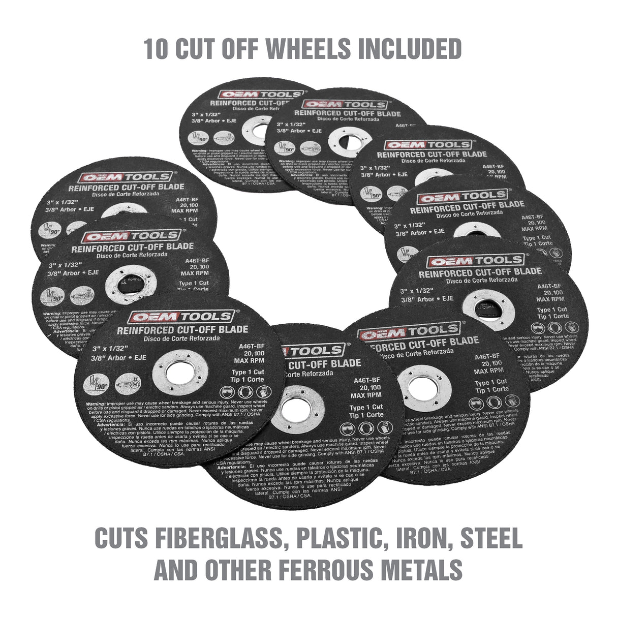 OEMTOOLS 26528 10 Piece Cut Off Wheel Set with Mandrel Additional Image 1