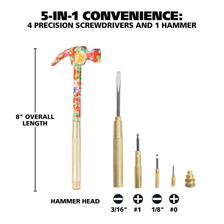GreatNeck HA104005 5 in 1 Pink Floral Hammer and Screwdriver Set Additional Image 2