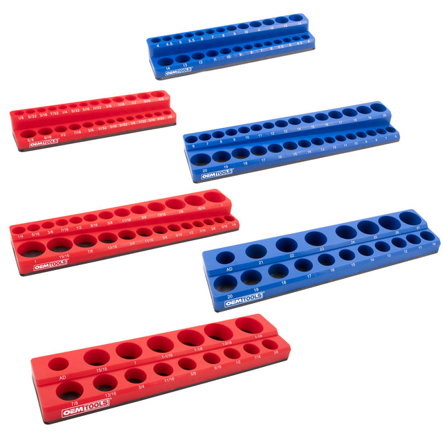 OEMTOOLS 22489 6 Pack Set Metric and SAE Magnetic Socket Tray Set - Red and Blue Main Image