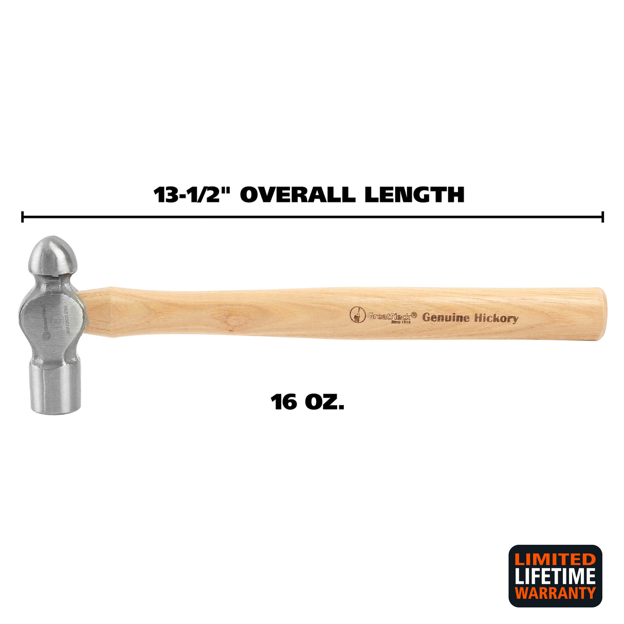 GreatNeck BP16 Ball Peen Hammer (16 Oz.) with Hickory Handle Additional Image 1