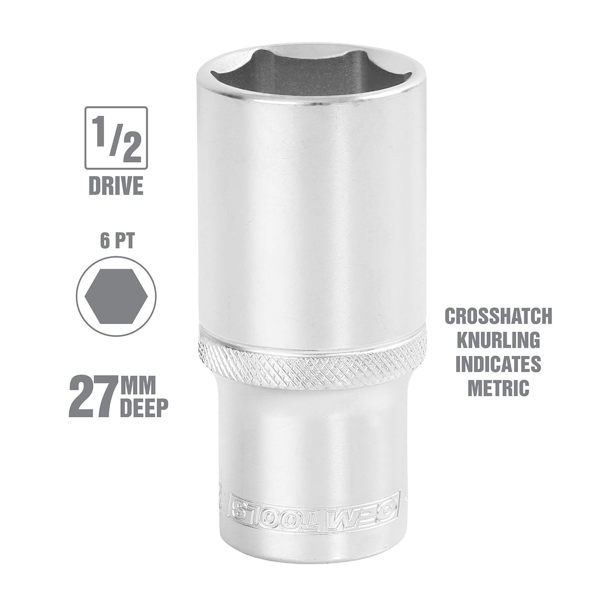 OEMTOOLS 22455 1/2 Inch Drive 6 Pt. Deep Wall Socket (27 mm) Additional Image 1