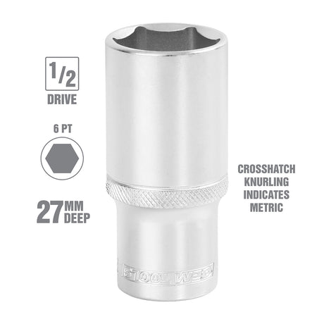 OEMTOOLS 22455 1/2 Inch Drive 6 Pt. Deep Wall Socket (27 mm) Additional Image 1