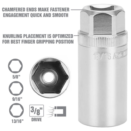 OEMTOOLS 3/8in. Drive 6 Pt. Magnetic Spark Plug 3 Piece Socket Set 5/8in., 9/16in., 13/16in. Additional Image 3