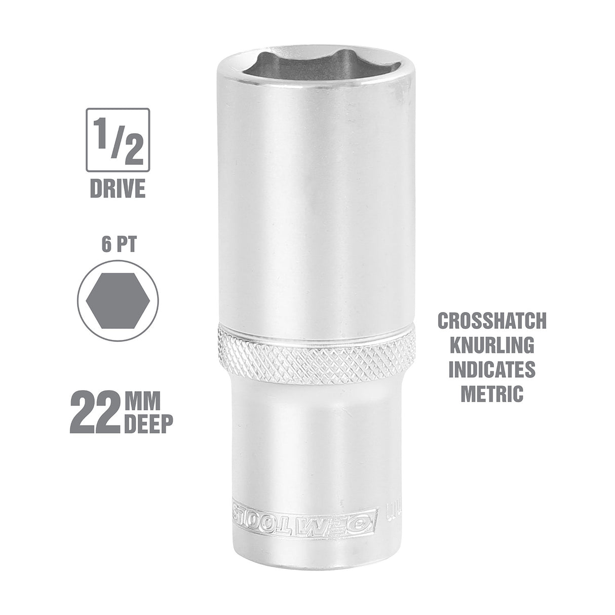 OEMTOOLS 22452 1/2 Inch Drive 6 Pt. Deep Wall Socket (22 mm) Additional Image 1