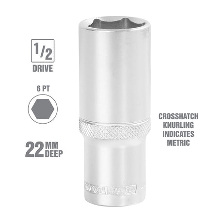 OEMTOOLS 22452 1/2 Inch Drive 6 Pt. Deep Wall Socket (22 mm) Additional Image 1
