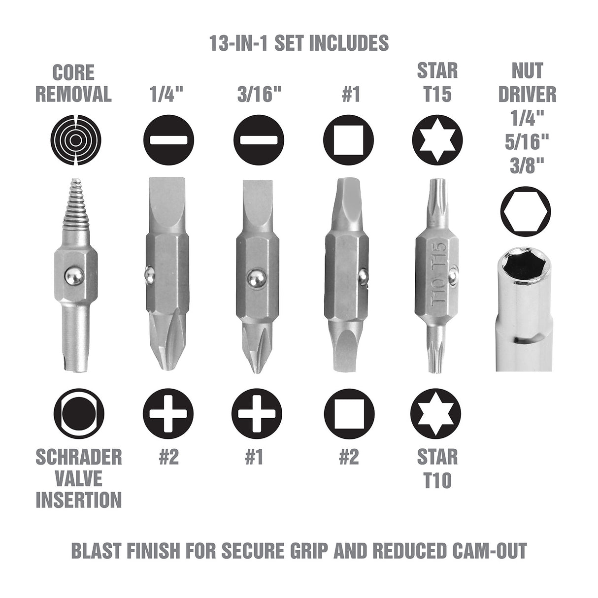 OEMTOOLS 22588 13-in-1 Multi-Bit Screwdriver, Nut Driver and Schrader Valve Tool Additional Image 2
