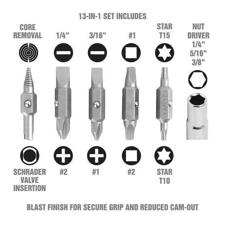 OEMTOOLS 22588 13-in-1 Multi-Bit Screwdriver, Nut Driver and Schrader Valve Tool Additional Image 2
