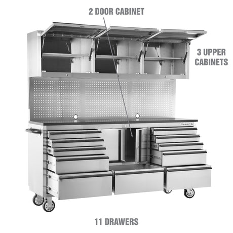 OEMTOOLS OEM24615 72in. 11-Drawer Cabinet and Upper Cabinet - Stainless Steel Additional Image 1