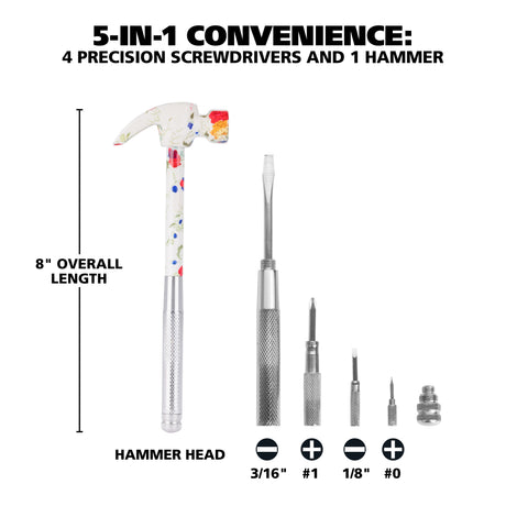 GreatNeck HA104004 5 in 1 White Floral Hammer and Screwdriver Set Additional Image 2