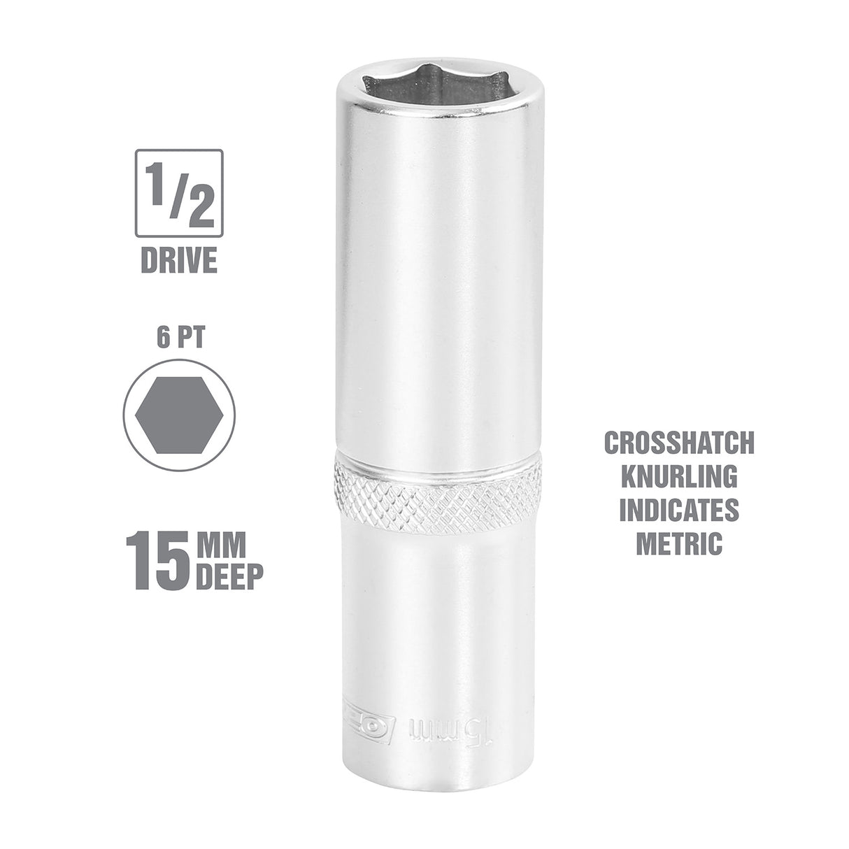 OEMTOOLS 22445 1/2 Inch Drive 6 Pt. Deep Wall Socket (15 mm) Additional Image 1