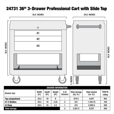 OEMTOOLS 24731 3 Drawer Slide Top Tool Cart - Green Additional Image 9