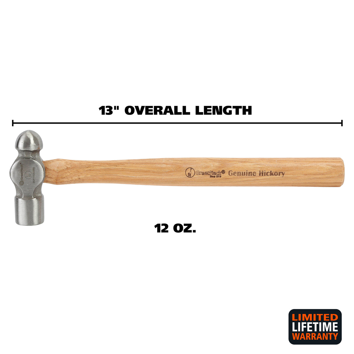 GreatNeck BP12 Ball Peen Hammer (12 Oz.) with Hickory Handle Additional Image 1
