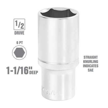 OEMTOOLS 22429 1/2 Inch Drive 6 Pt. Deep Wall Socket (1-1/16 Inch) Additional Image 1
