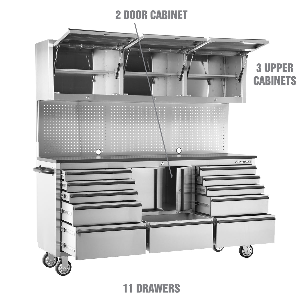 OEMTOOLS OEM24615 72in. 11-Drawer Cabinet and Upper Cabinet - Stainless Steel Additional Image 1