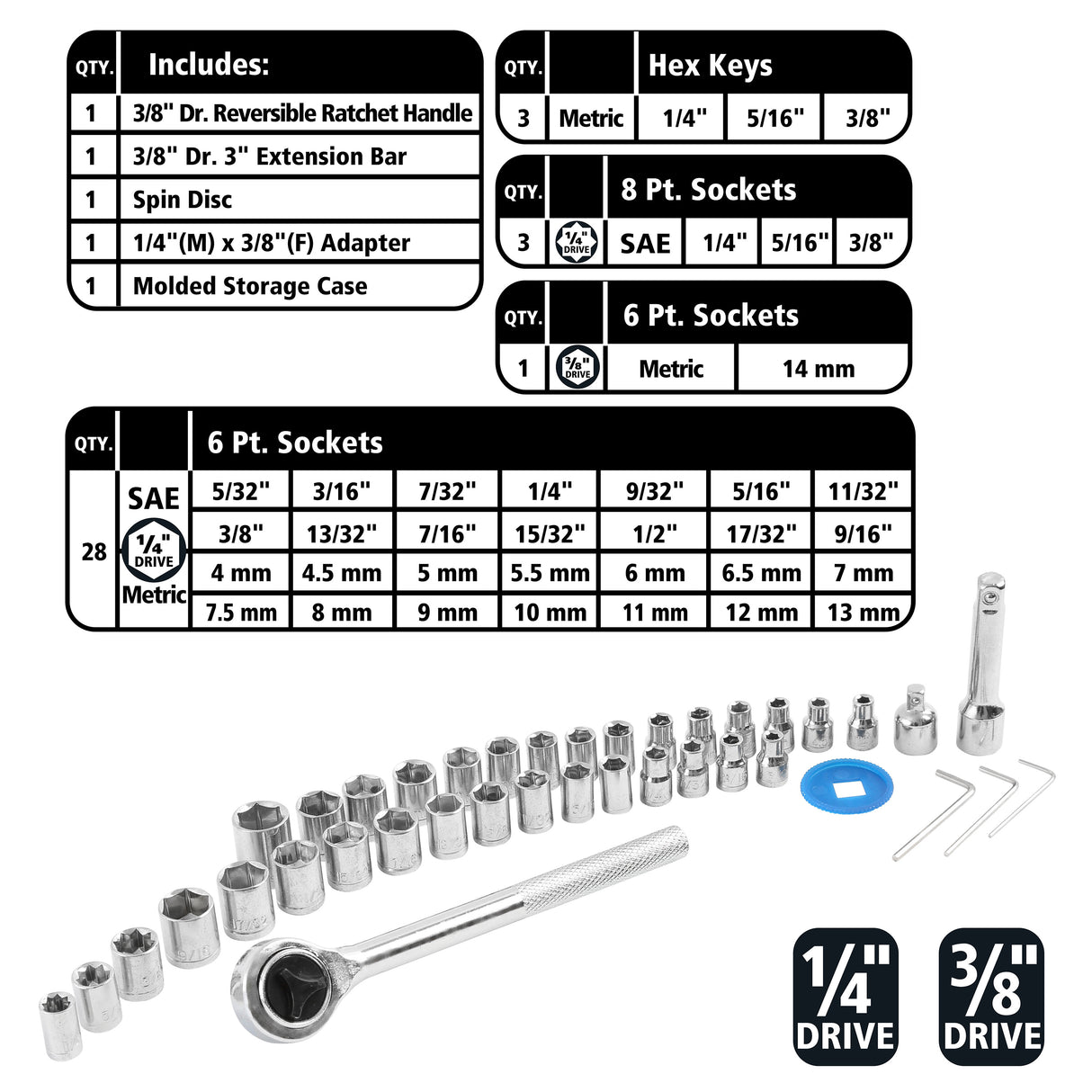 GreatNeck 74213 Ratchet and Socket Set - 1/4in. and 3/8in. Drive (40 Pieces) Additional Image 3