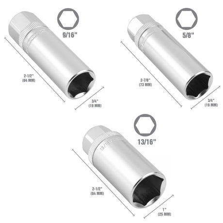 OEMTOOLS 3/8in. Drive 6 Pt. Magnetic Spark Plug 3 Piece Socket Set 5/8in., 9/16in., 13/16in. Additional Image 1