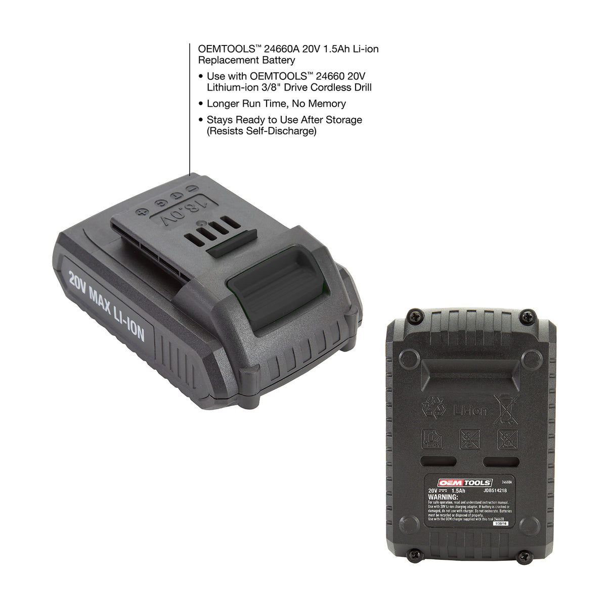 OEMTOOLS 20V 1.5Ah Replacement Battery for 24660 and 24661 Additional Image 1