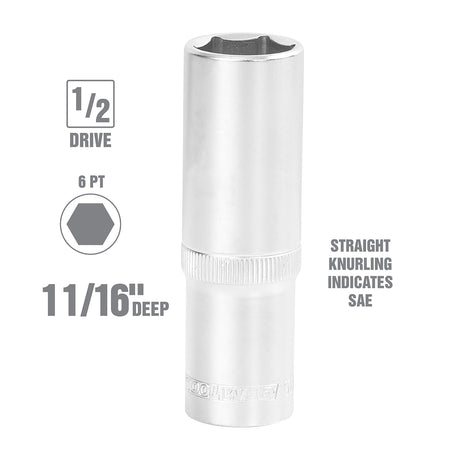 OEMTOOLS 22423 1/2 Inch Drive 6 Pt. Deep Wall Socket (11/16 Inch) Additional Image 1